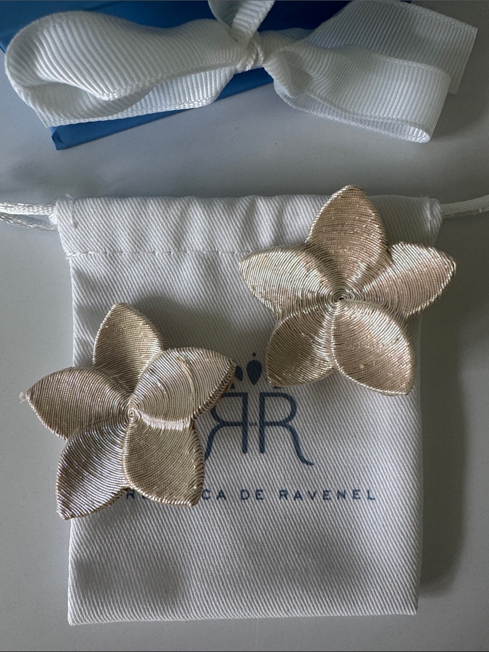 Rebecca de Ravenel Satin Flower Clip Earrings in Champagne